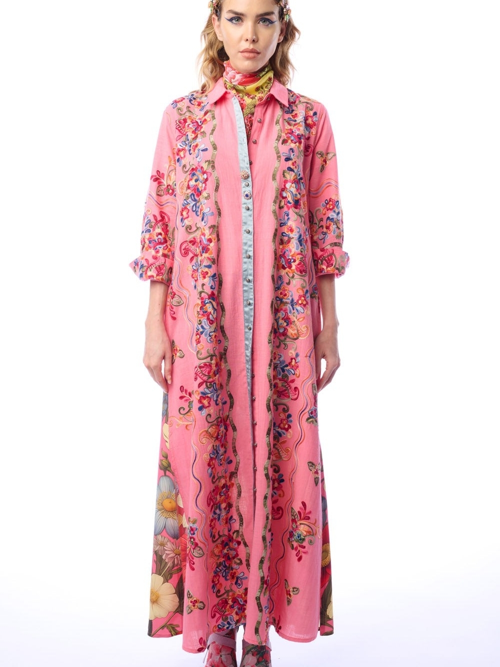 Aratta Beauty Mark Maxi Duster Pink Floral Embroidered Long Duster
